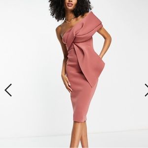 ASOS DESIGN peekaboo shoulder tuck midi pencil dress in rose